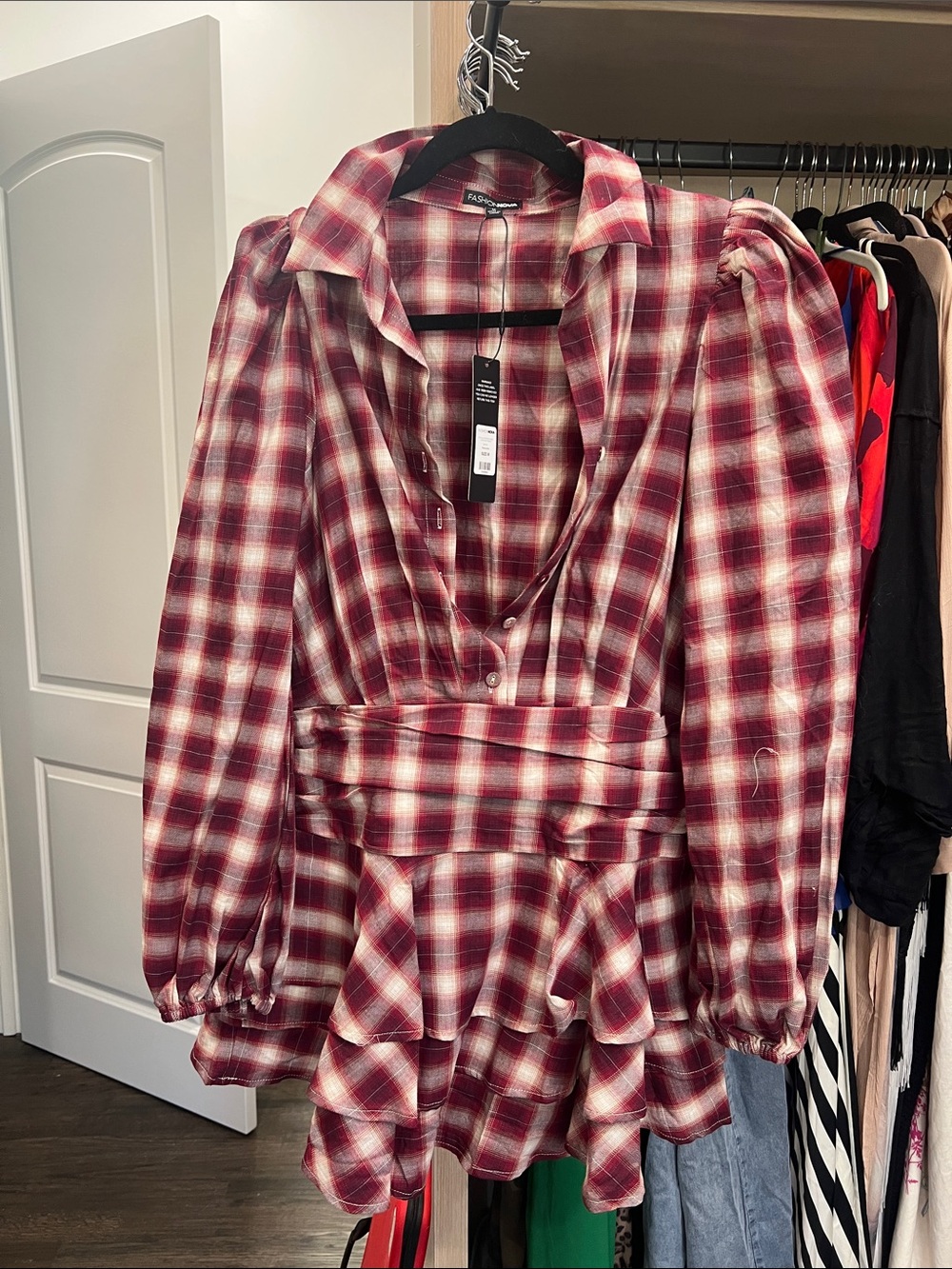 Fashion Nova Red and Cream Plaid Ruffle Hem Tunic